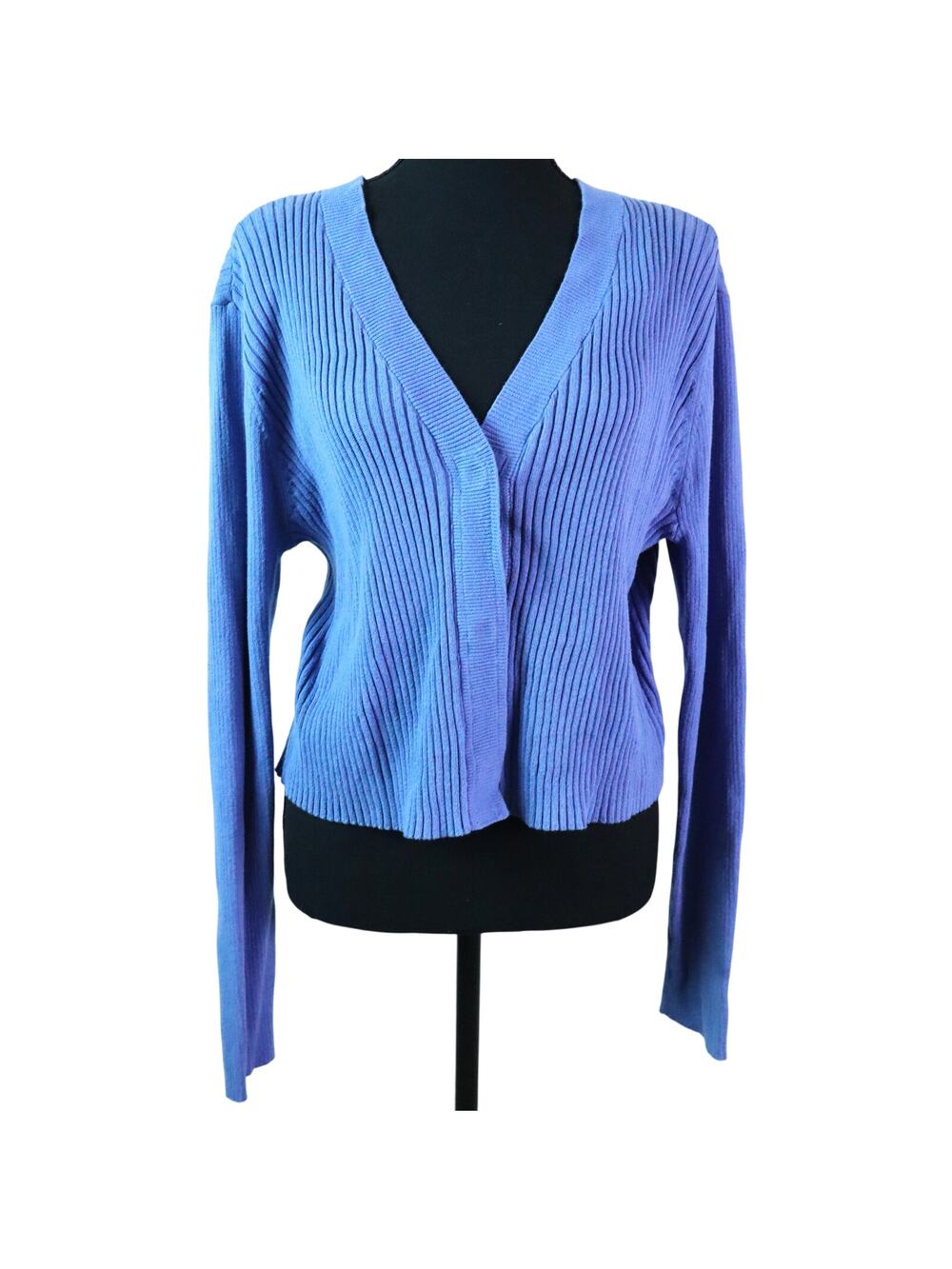 Cabi Cool Blue Ribbed Cardigan Hidden Buttons Short Cotton Blend Women Large